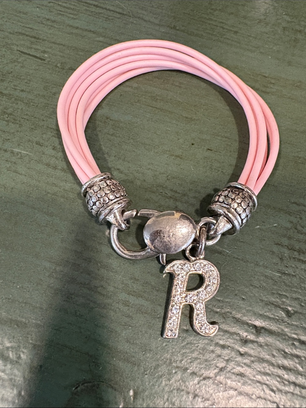Pink Multi Strand Faux Leather Bracelet Rhinestone Initial R Charm Lobster Clasp